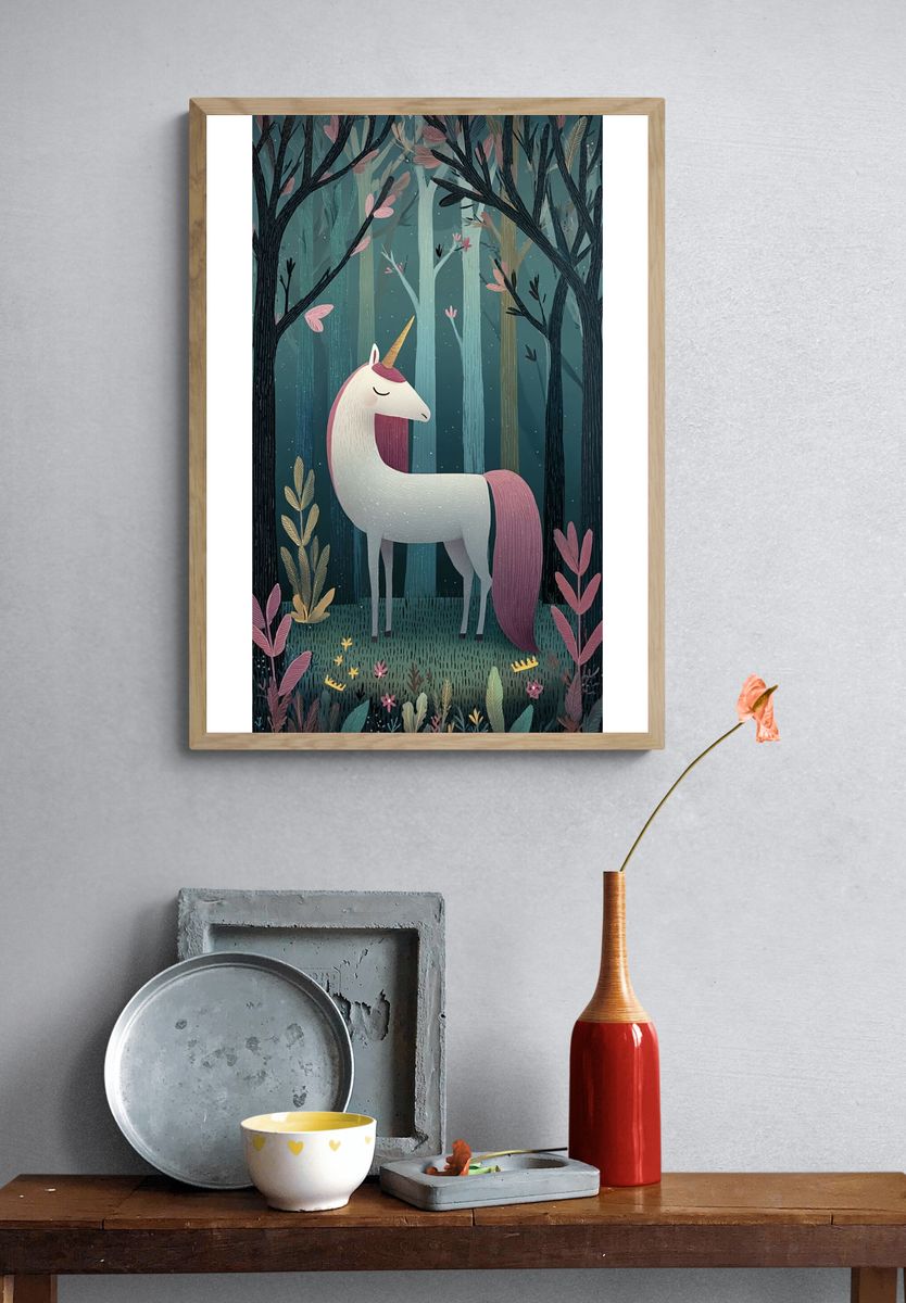 Sleeping Unicorn Forest Illustration Poster. — room view 3
