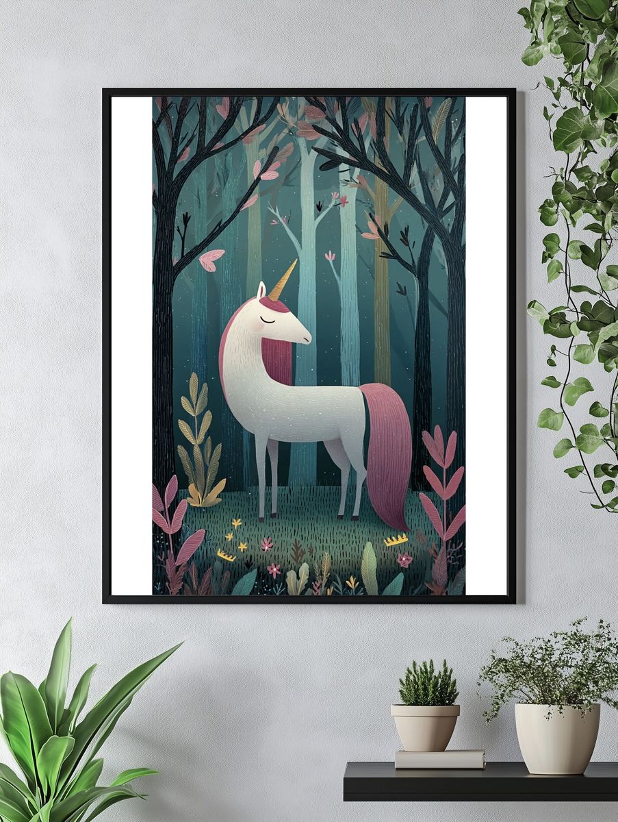 Sleeping Unicorn Forest Illustration Poster. — room view 4