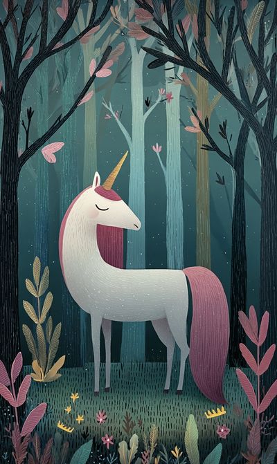 Sleeping Unicorn Forest Illustration Poster.