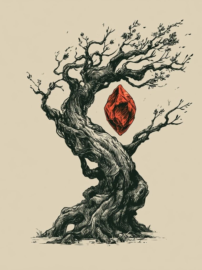 Twisted Tree with Red Gem Illustration Poster. poster — illustration art