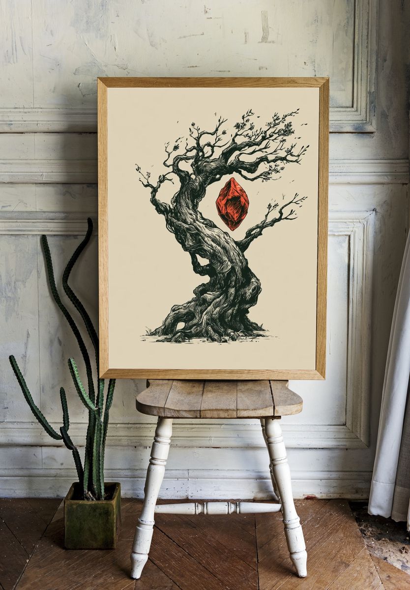 Twisted Tree with Red Gem Illustration Poster. — room view 1