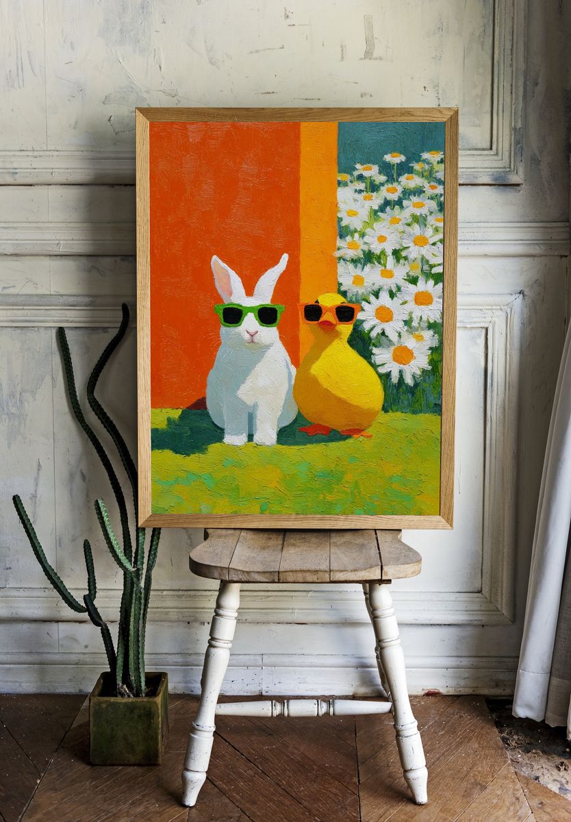 Cool Bunny and Duck Illustration Poster. — room view 1