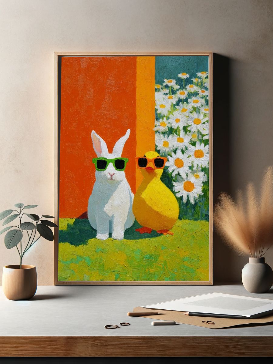 Cool Bunny and Duck Illustration Poster. — room view 2