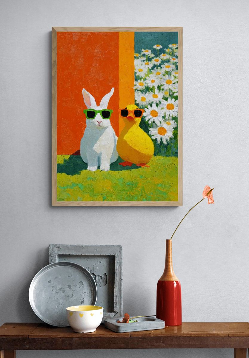 Cool Bunny and Duck Illustration Poster. — room view 3