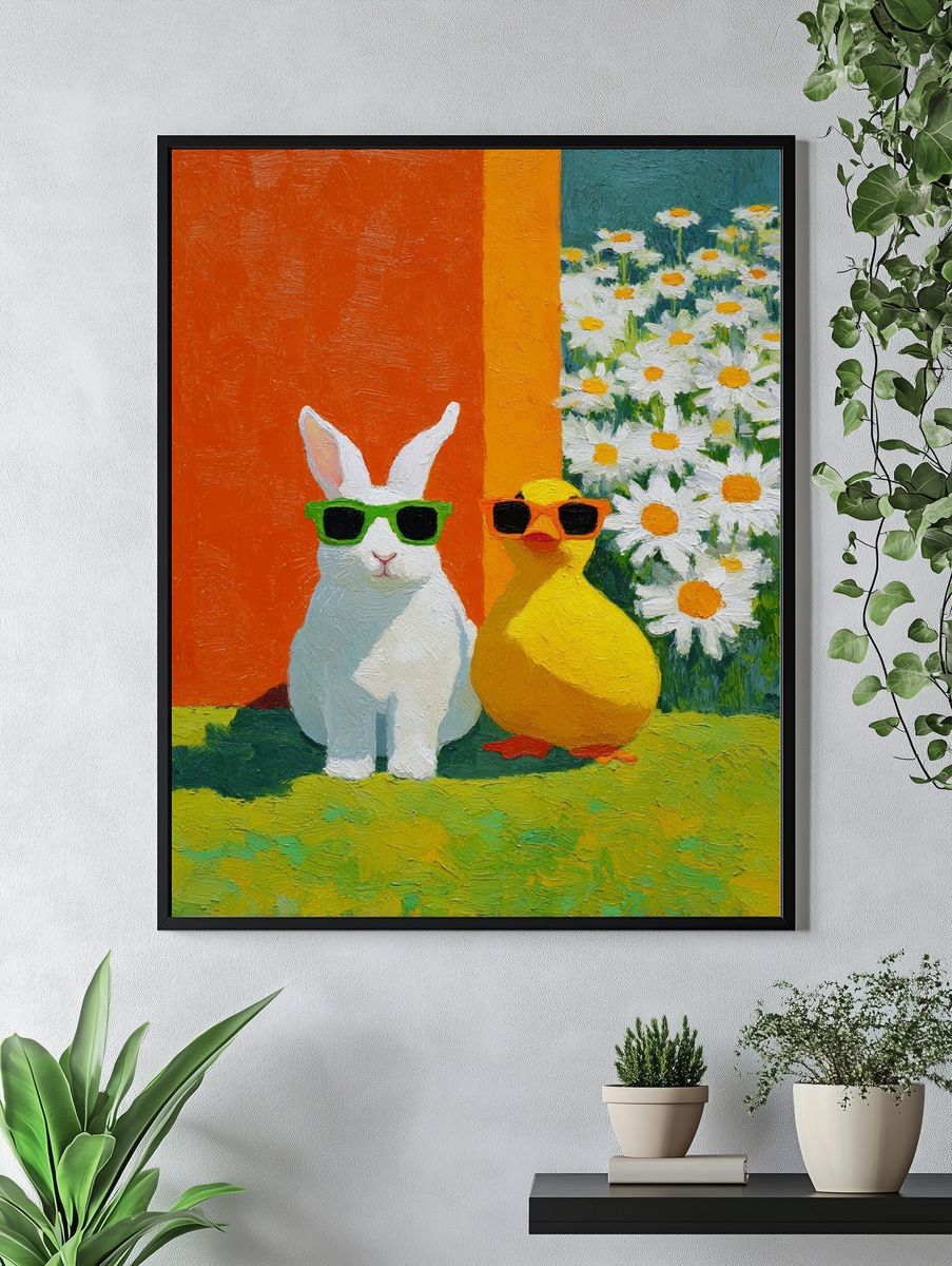 Cool Bunny and Duck Illustration Poster. — room view 4