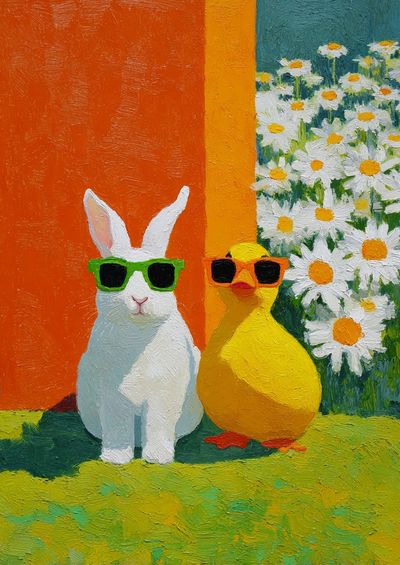 Cool Bunny and Duck Illustration Poster.