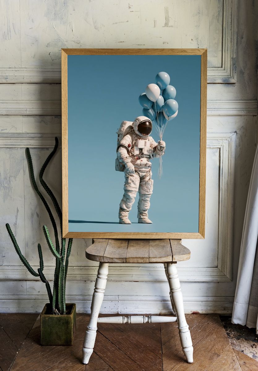 Astronaut with Balloons Illustration Poster. — room view 1