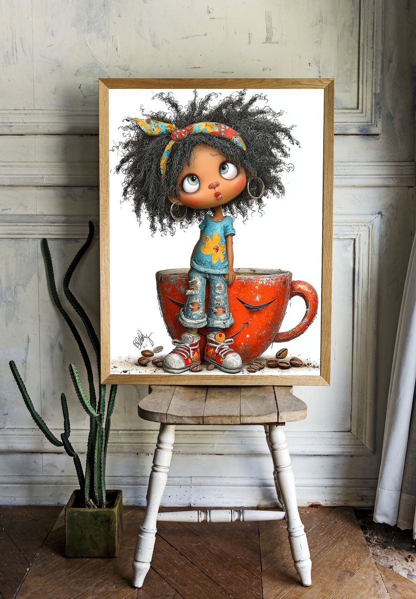 Whimsical Coffee Cup Girl Illustration Poster. — room view 1