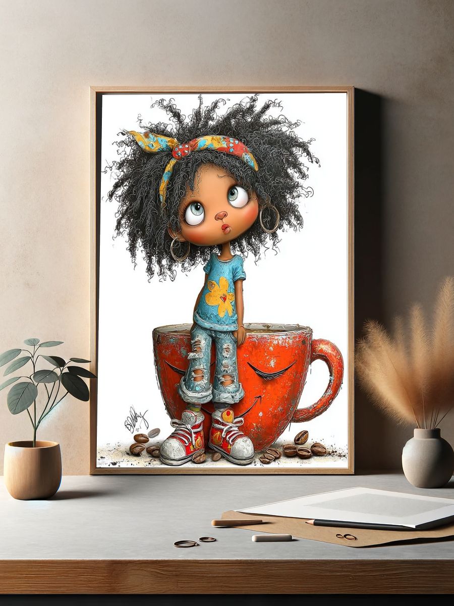 Whimsical Coffee Cup Girl Illustration Poster. — room view 2
