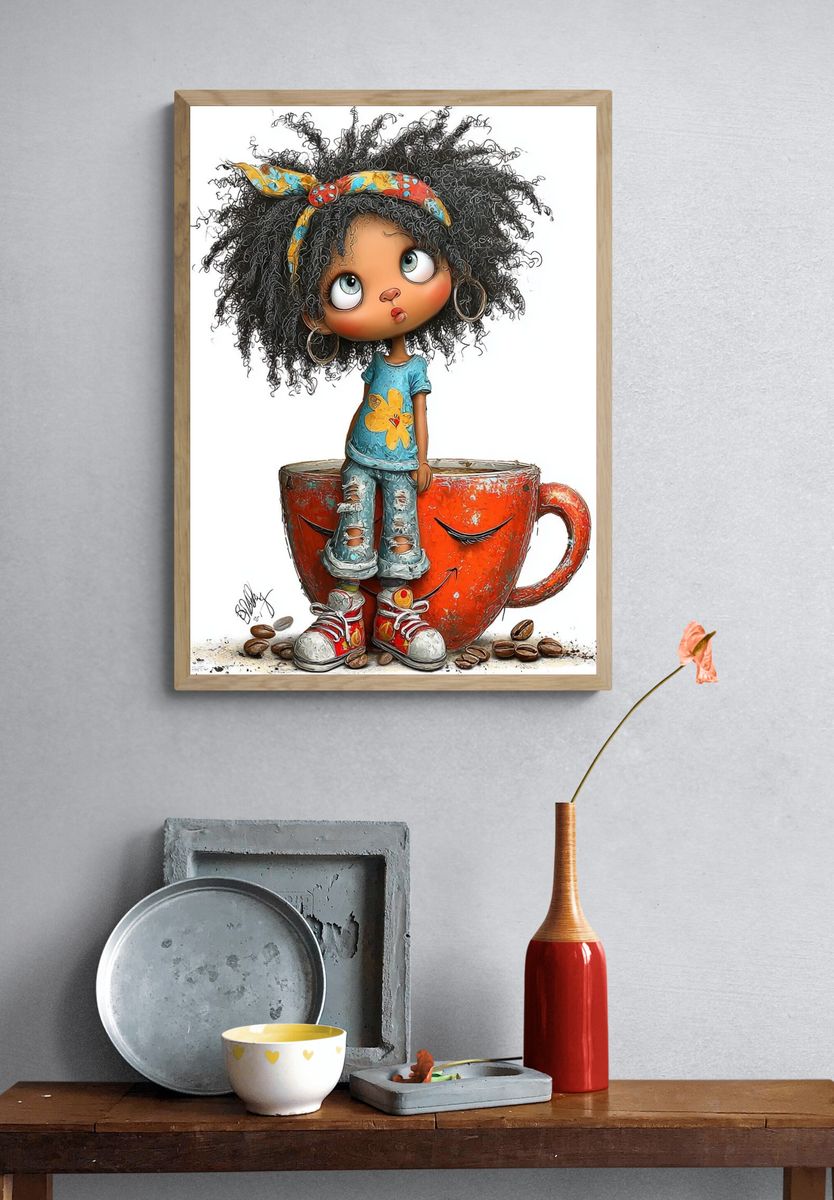 Whimsical Coffee Cup Girl Illustration Poster. — room view 3