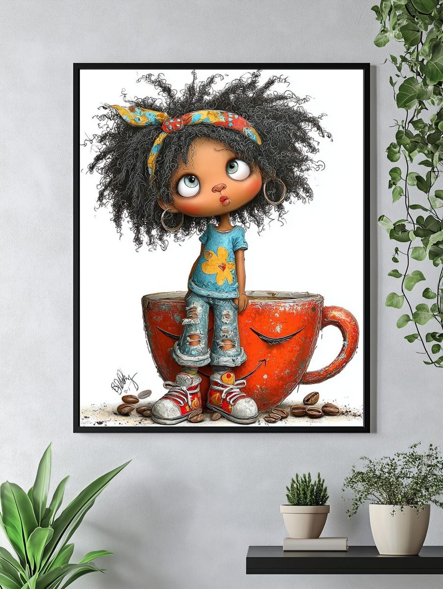 Whimsical Coffee Cup Girl Illustration Poster. — room view 4