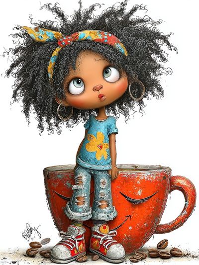 Whimsical Coffee Cup Girl Illustration Poster. poster