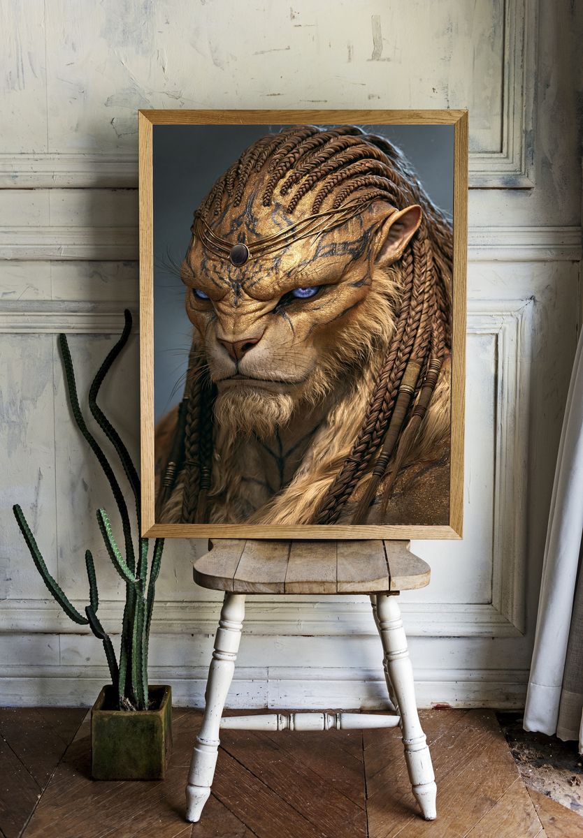 Golden Lion Warrior Portrait Print. room preview
