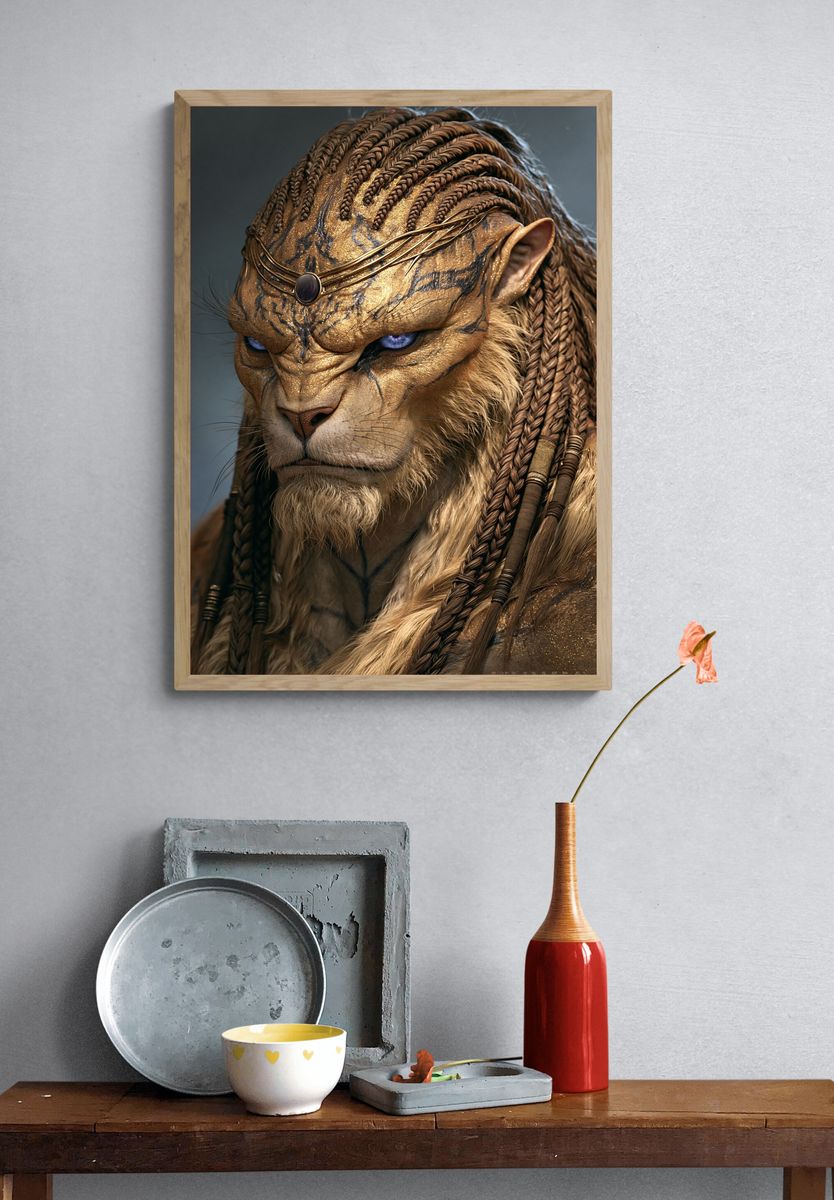 Golden Lion Warrior Portrait Print. — room view 3