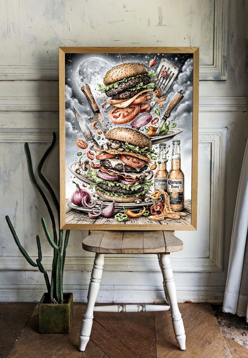 Burger Tower Surreal Illustration Poster. — room view 1