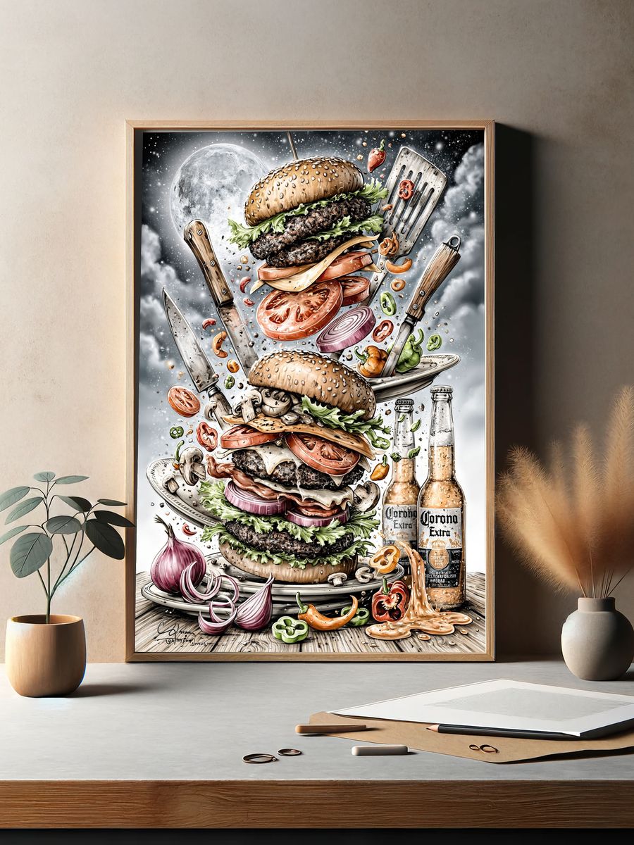 Burger Tower Surreal Illustration Poster. — room view 2