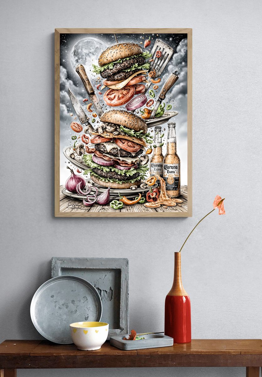 Burger Tower Surreal Illustration Poster. — room view 3