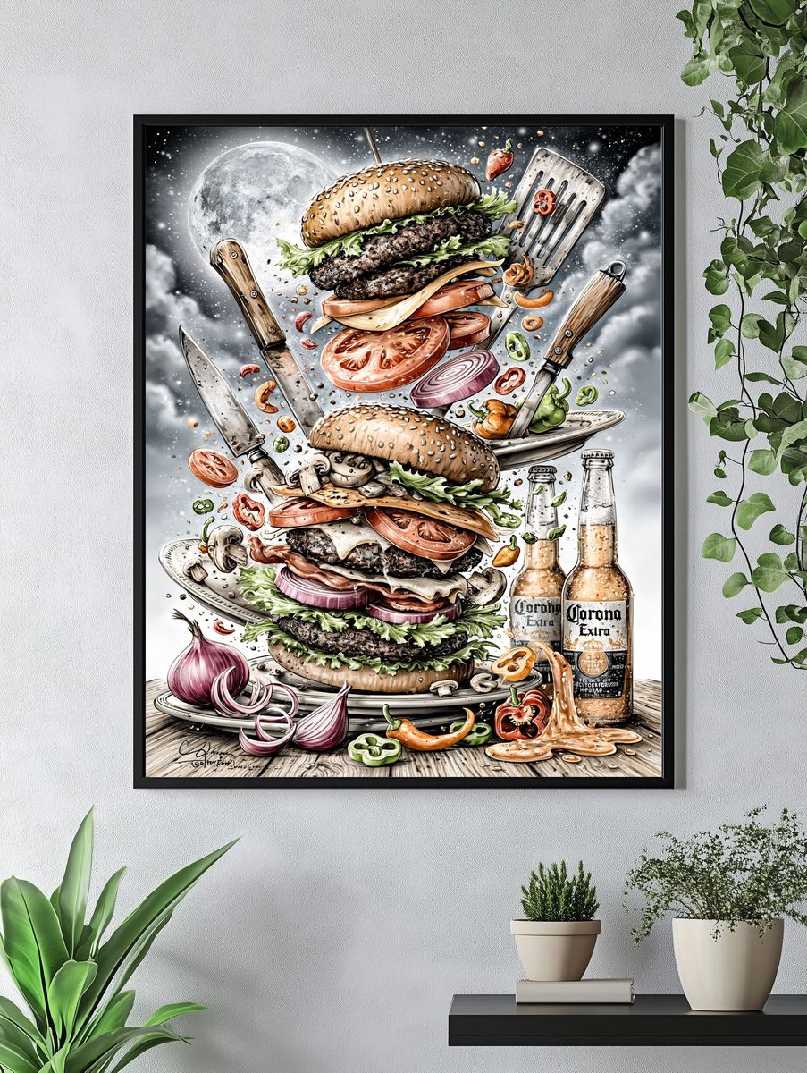 Burger Tower Surreal Illustration Poster. — room view 4