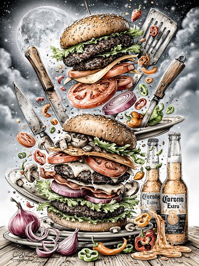 Burger Tower Surreal Illustration Poster.