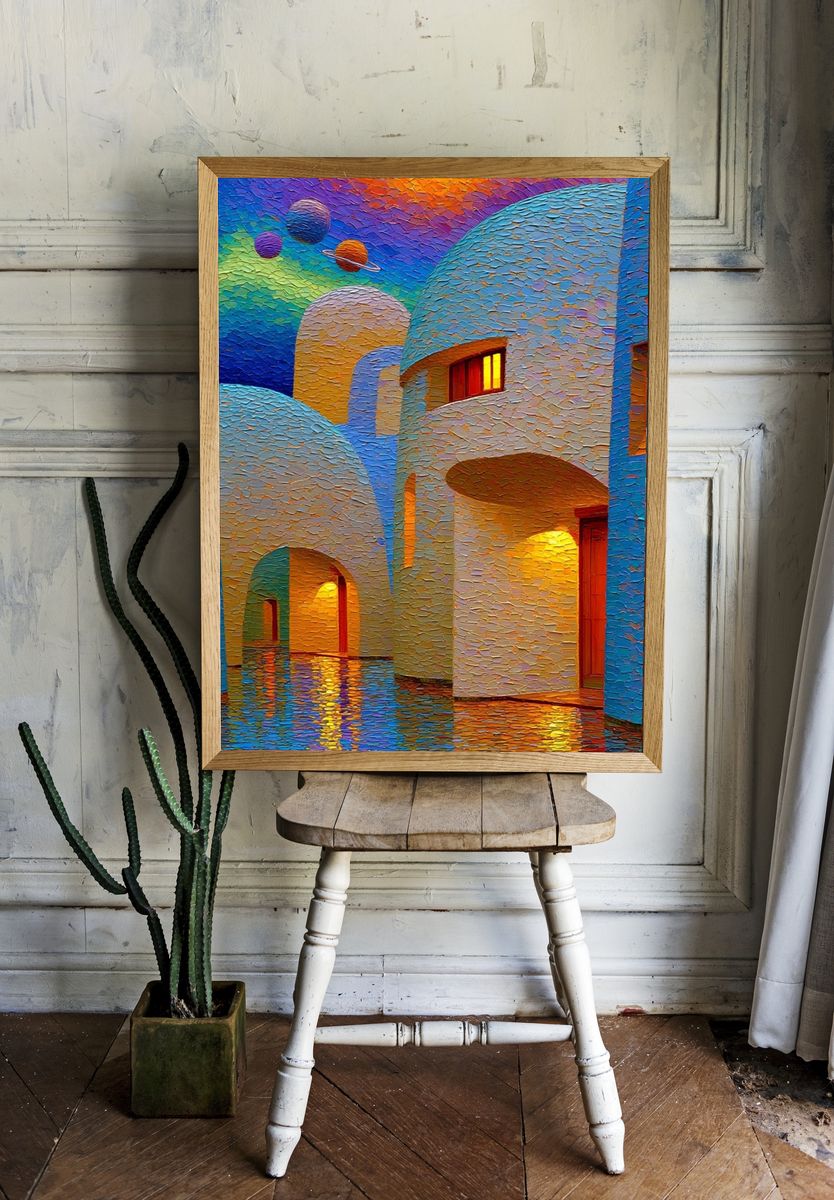 Dreamy Planetary Village Illustration Poster. room preview