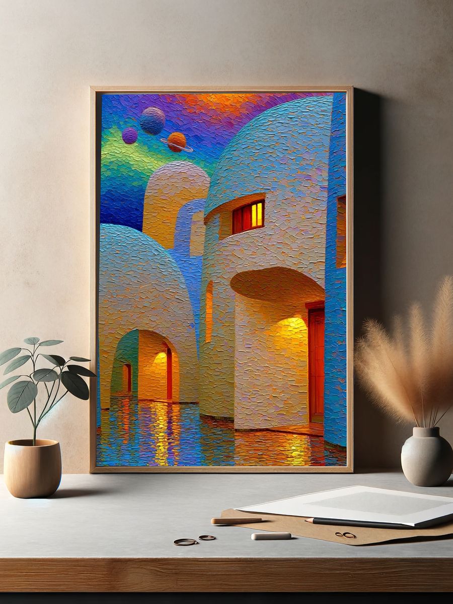 Dreamy Planetary Village Illustration Poster. — room view 2