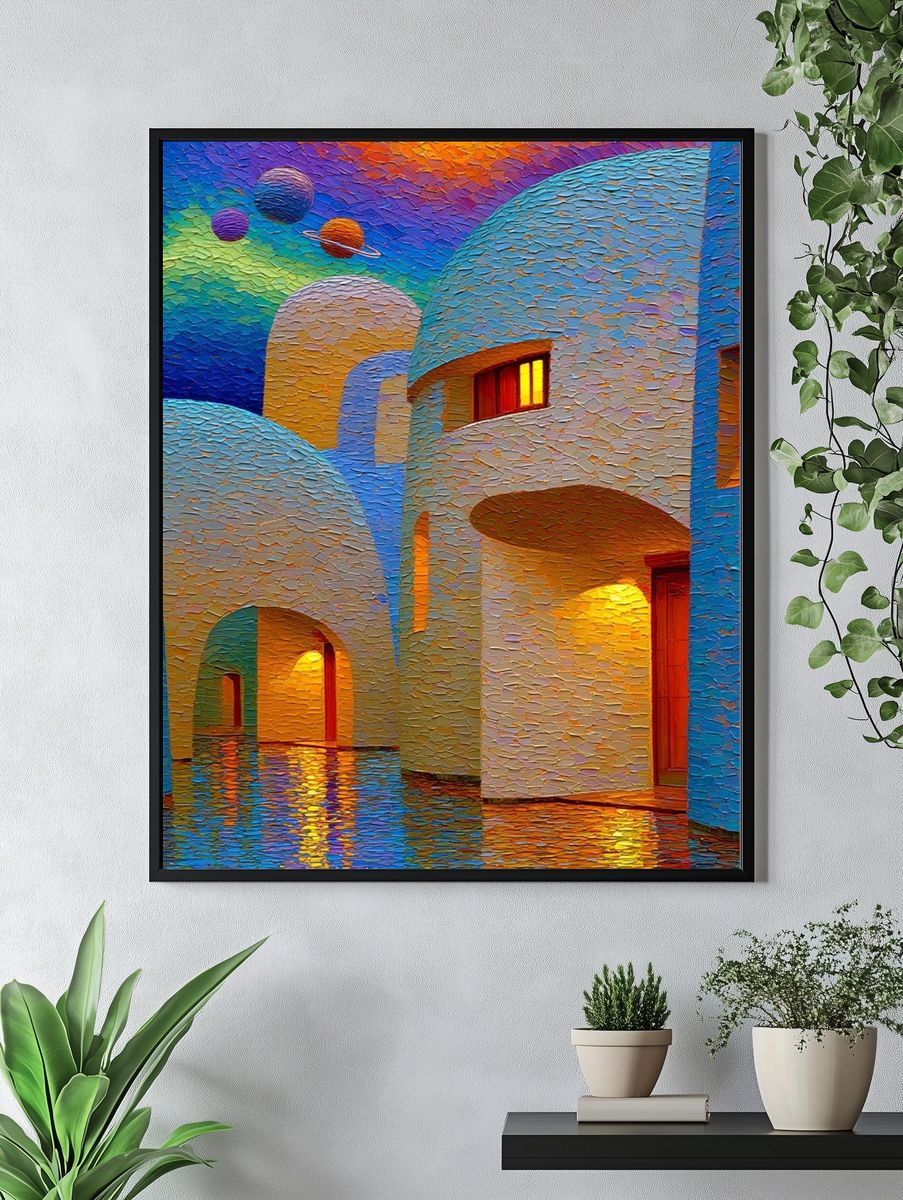 Dreamy Planetary Village Illustration Poster. — room view 4