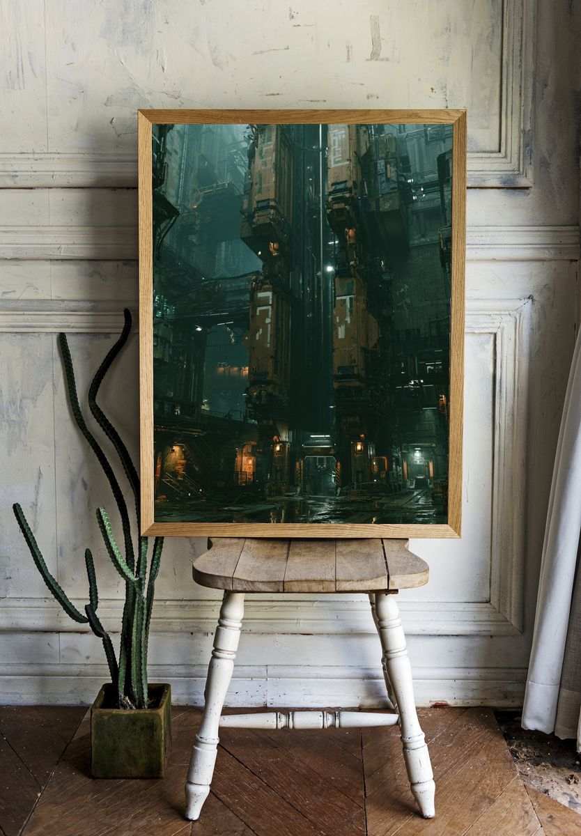Cyberpunk Industrial Cityscape Poster. — room view 1