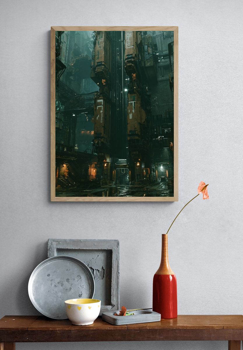 Cyberpunk Industrial Cityscape Poster. — room view 3