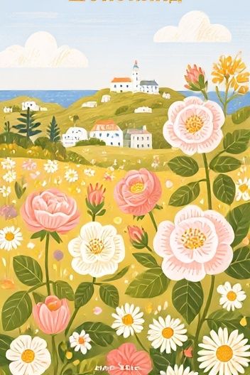 Floral Coastal Landscape Illustration Poster. poster — illustration art