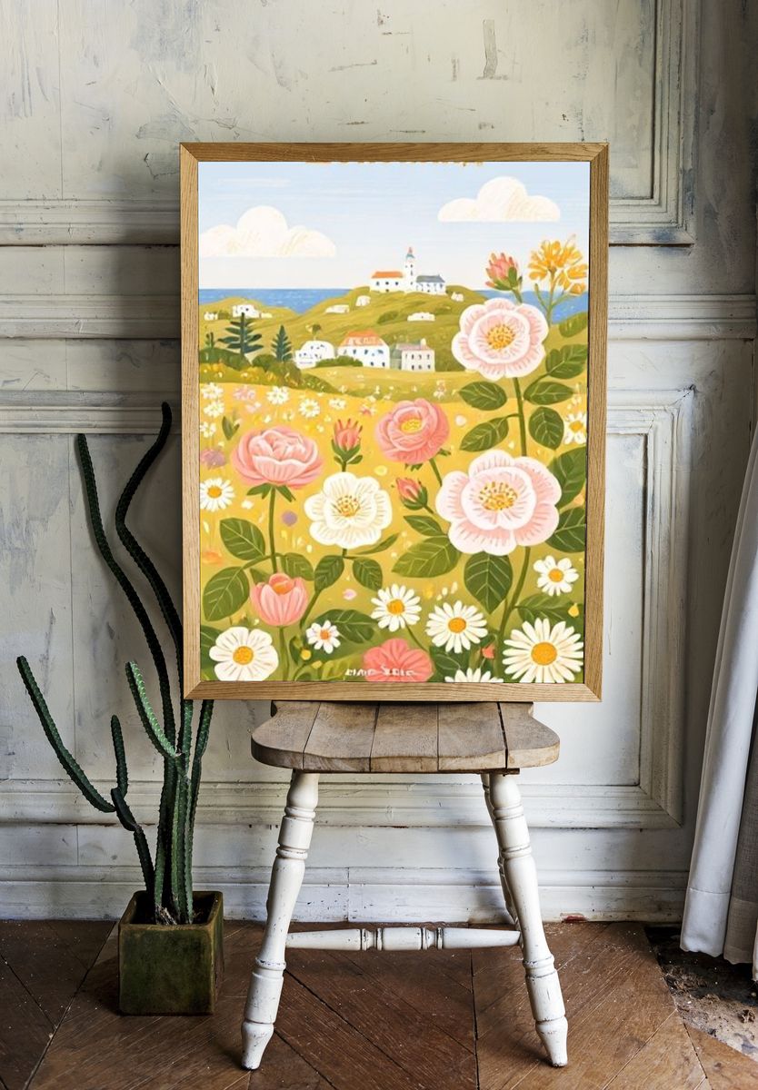 Floral Coastal Landscape Illustration Poster. room preview