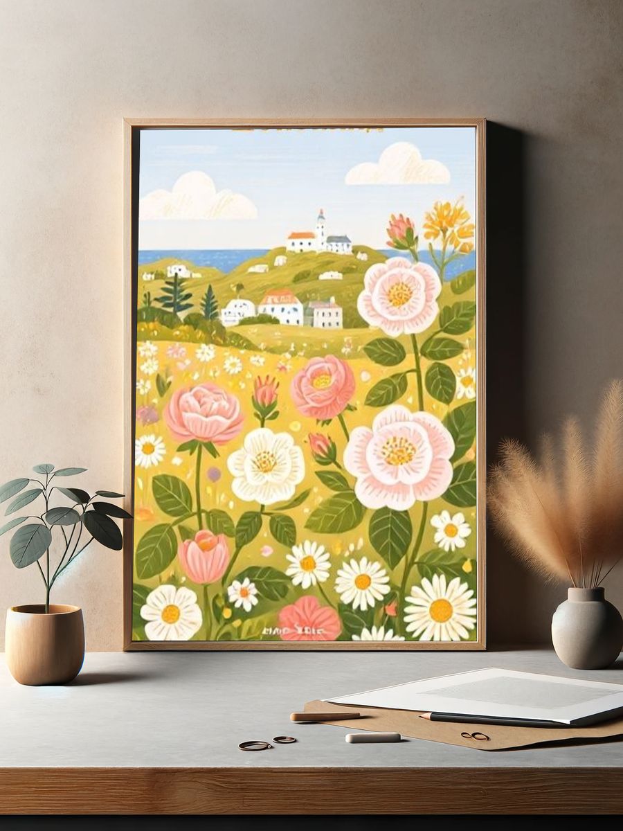 Floral Coastal Landscape Illustration Poster. — room view 2