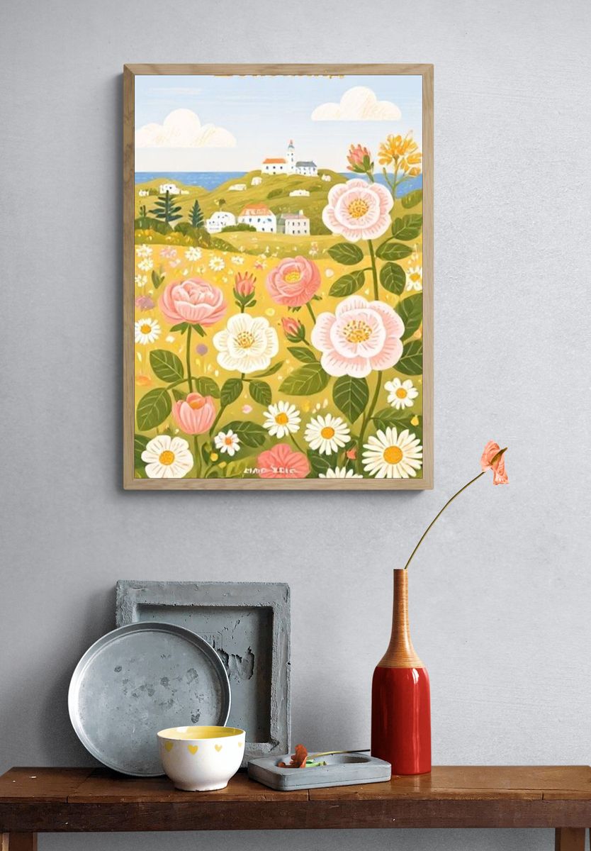 Floral Coastal Landscape Illustration Poster. — room view 3