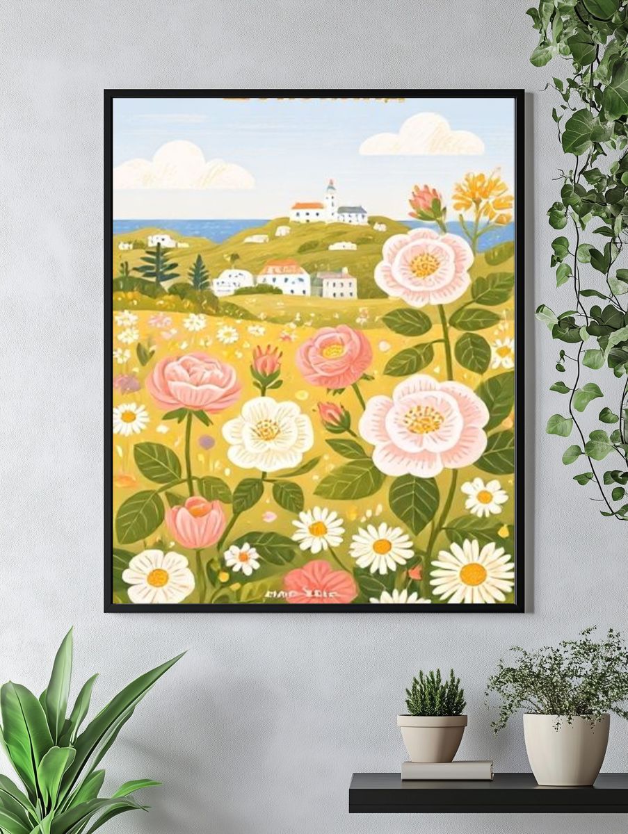 Floral Coastal Landscape Illustration Poster. — room view 4