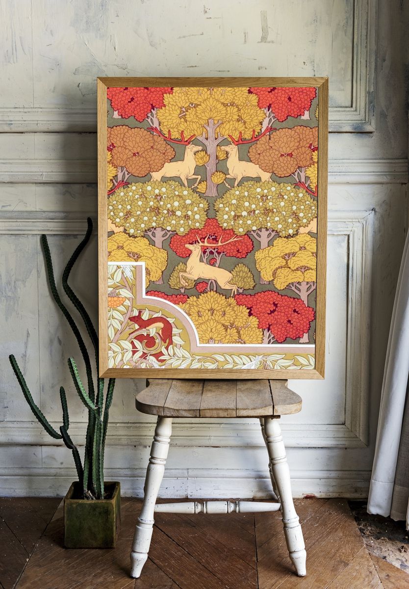 Deer in Autumn Forest Art Nouveau Print. — room view 1