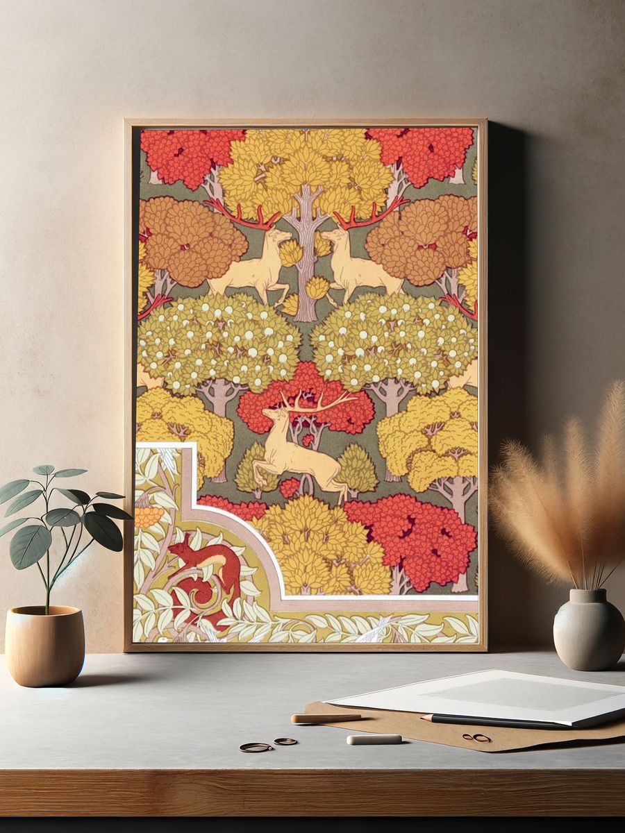 Deer in Autumn Forest Art Nouveau Print. — room view 2