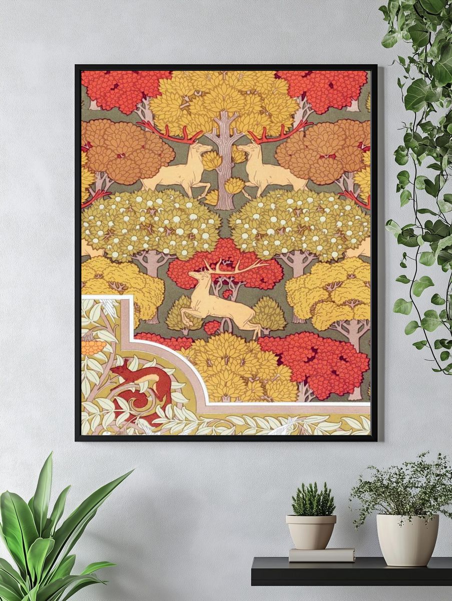 Deer in Autumn Forest Art Nouveau Print. — room view 4