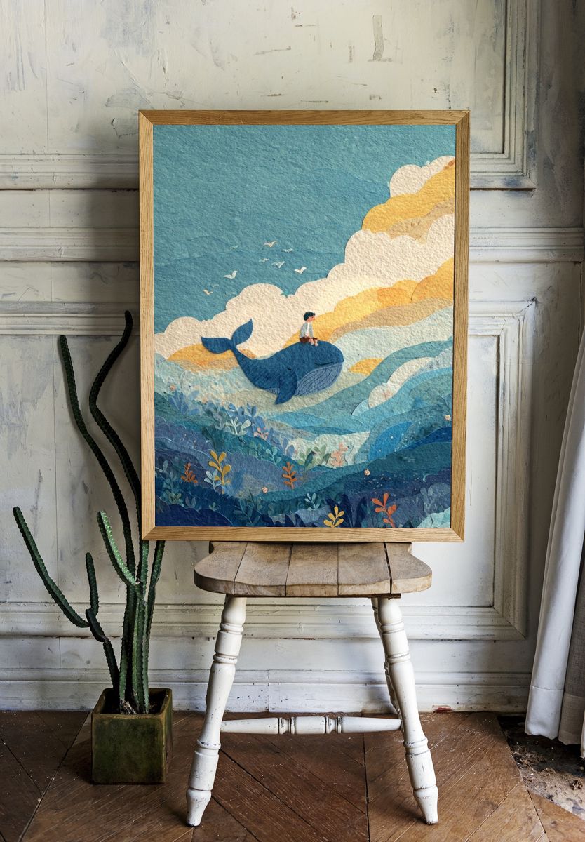 Whale Ride Watercolor Print. room preview