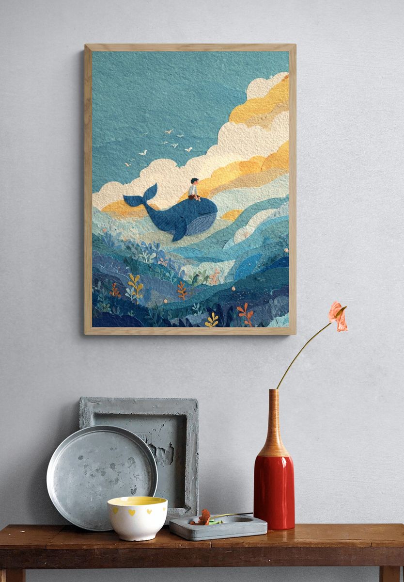 Whale Ride Watercolor Print. — room view 3