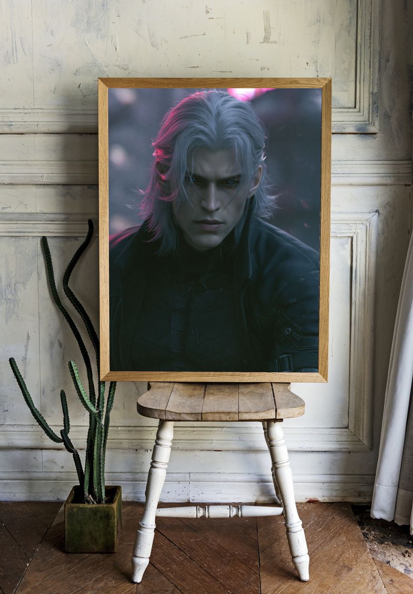 Silver-Haired Warrior Portrait Print. room preview