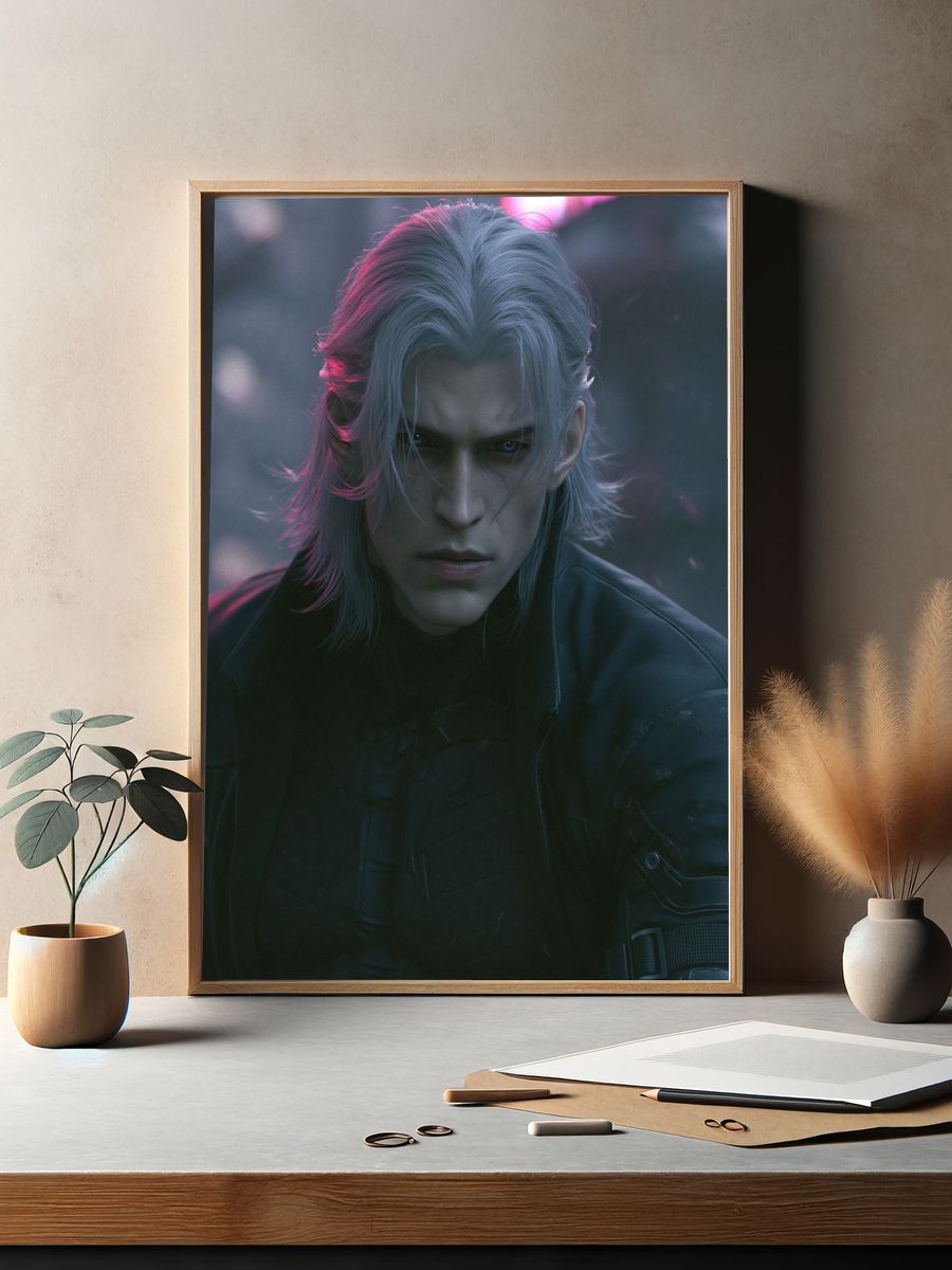 Silver-Haired Warrior Portrait Print. — room view 2