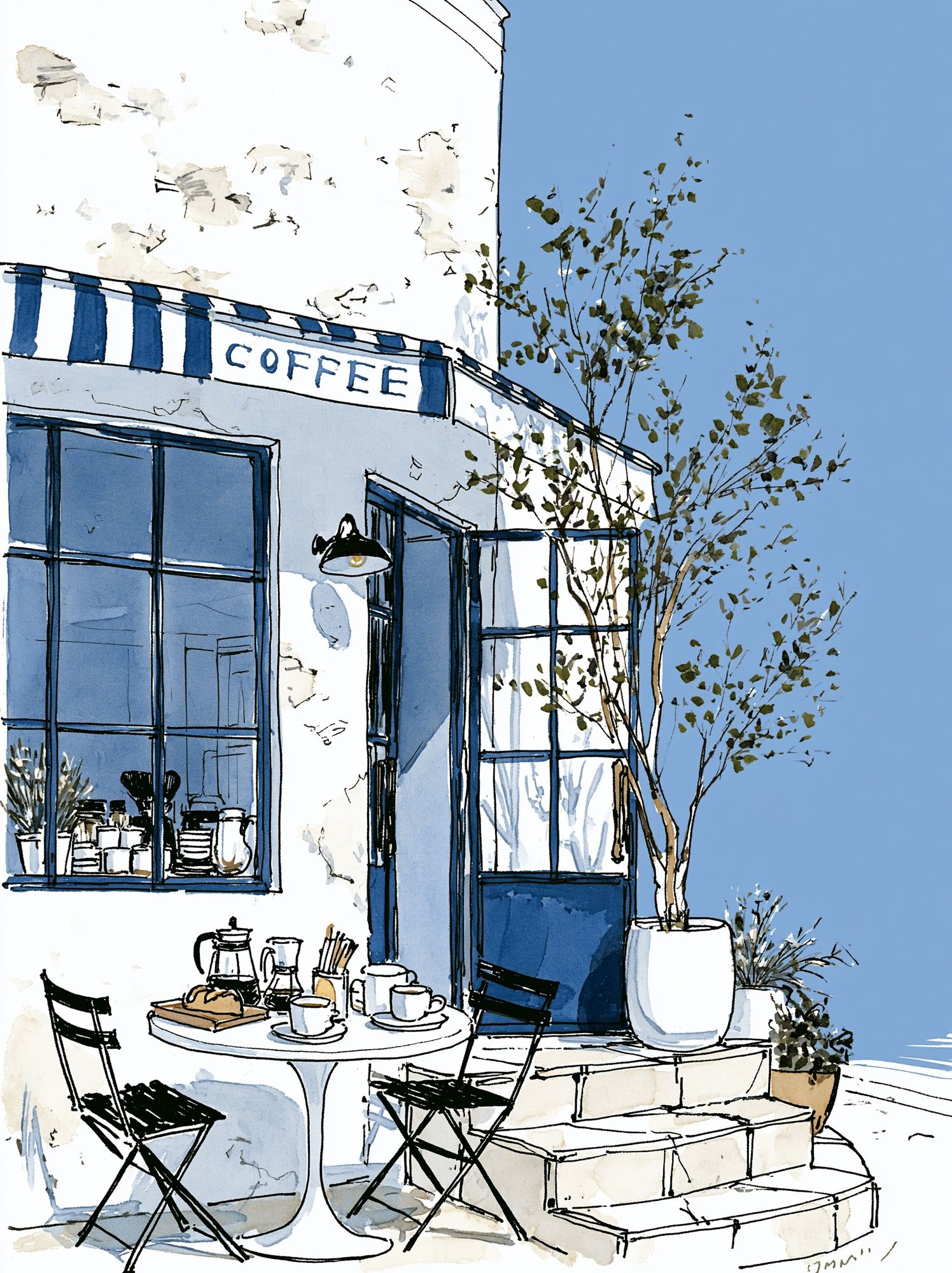 Blue Coffee Shop Watercolor Poster. poster — illustration art