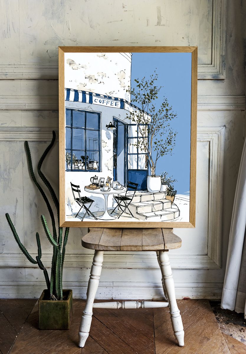 Blue Coffee Shop Watercolor Poster. — room view 1