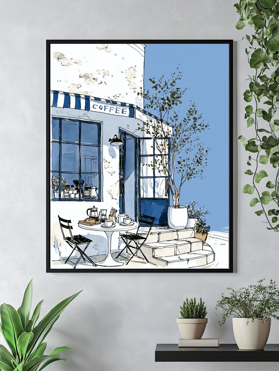 Blue Coffee Shop Watercolor Poster. — room view 4