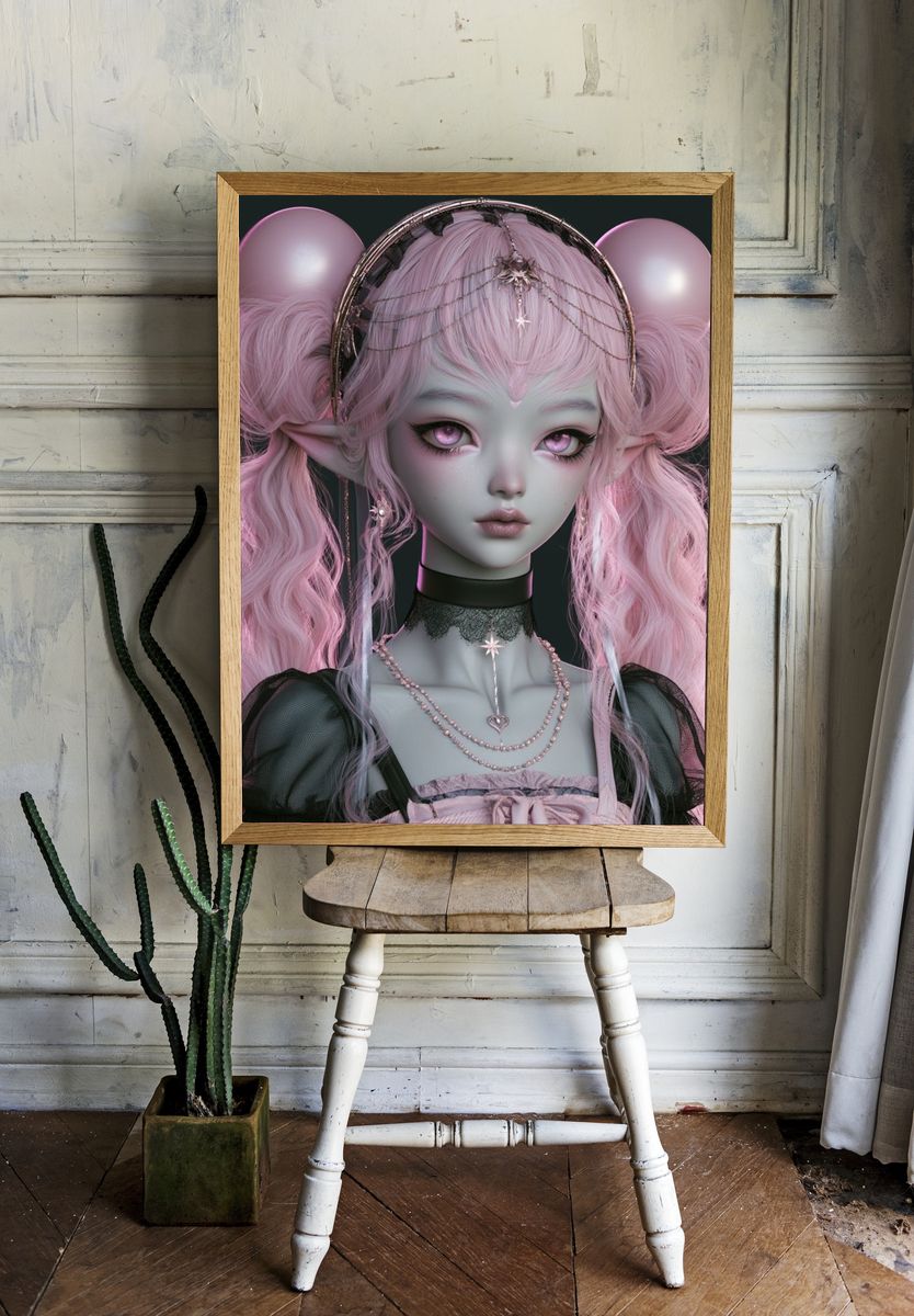 Pink Elf Portrait Illustration Poster. — room view 1