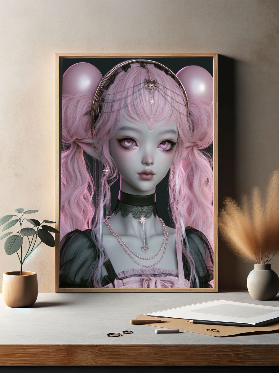 Pink Elf Portrait Illustration Poster. — room view 2