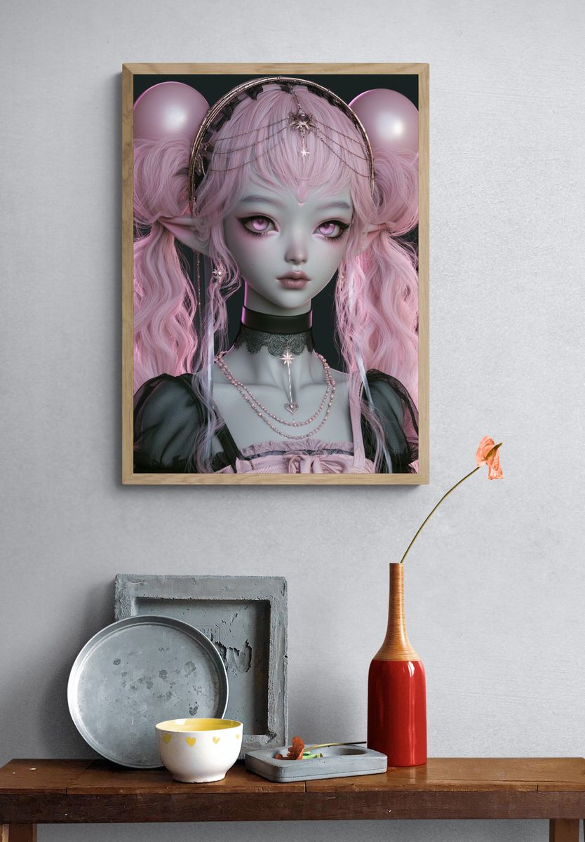 Pink Elf Portrait Illustration Poster. — room view 3