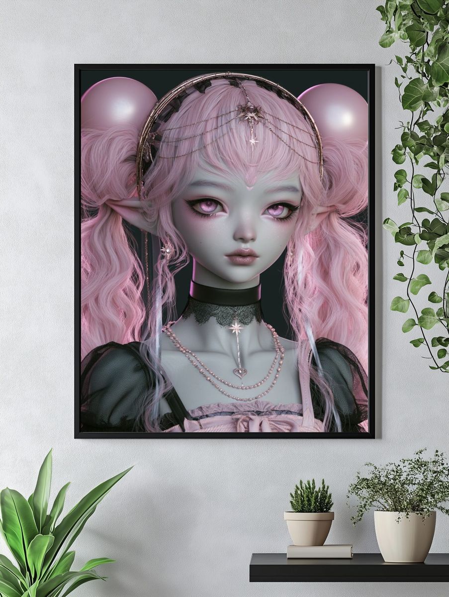Pink Elf Portrait Illustration Poster. — room view 4