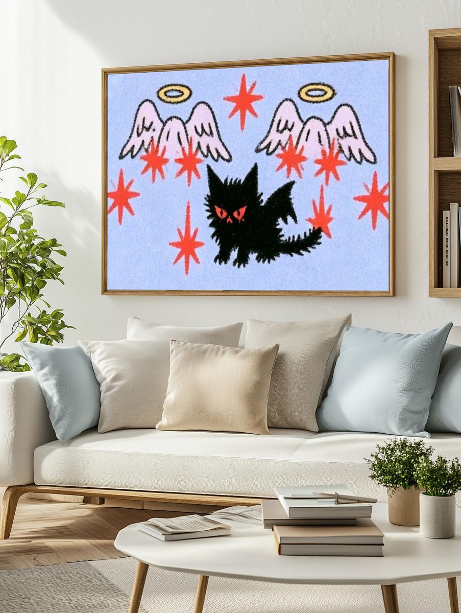 Winged Cat Surreal Illustration Poster. — room view 2