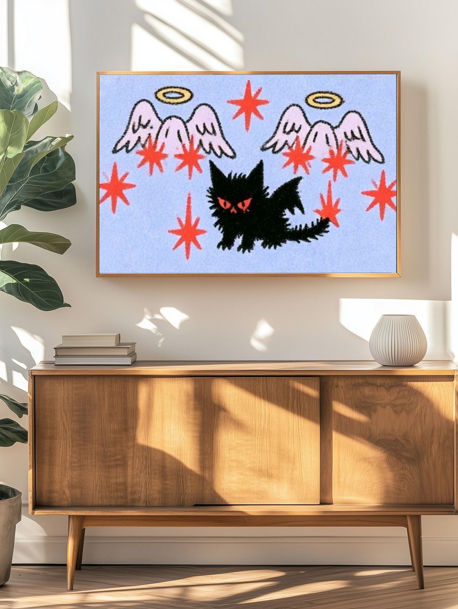 Winged Cat Surreal Illustration Poster. — room view 3