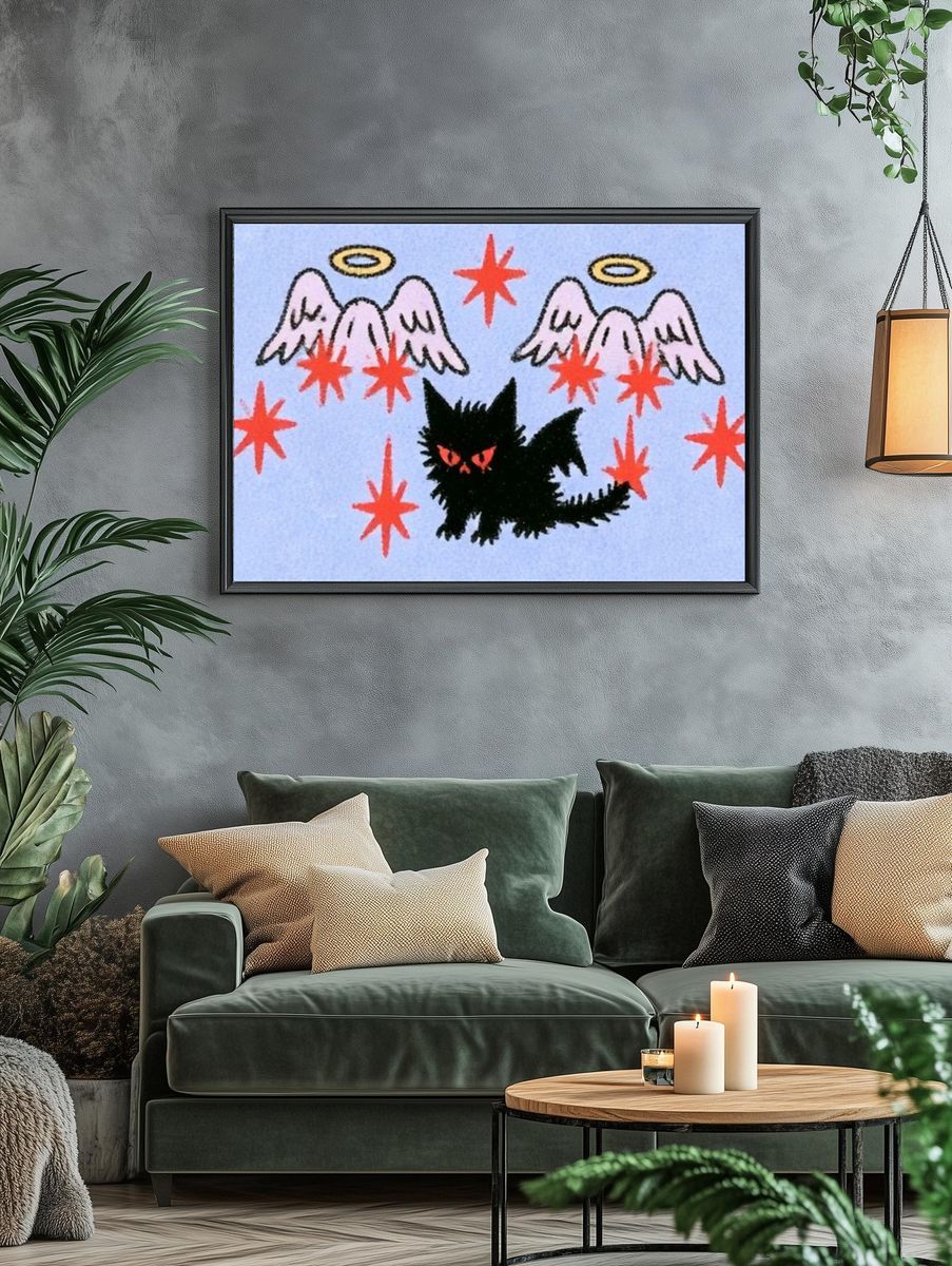 Winged Cat Surreal Illustration Poster. — room view 4